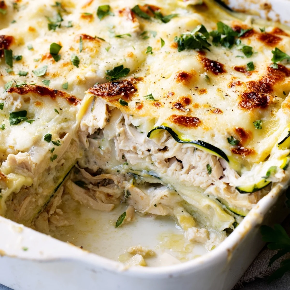 Golden bubbly Chicken Alfredo Zucchini Lasagna fresh from the oven, sliced to show creamy layers and a fresh parsley garnish.