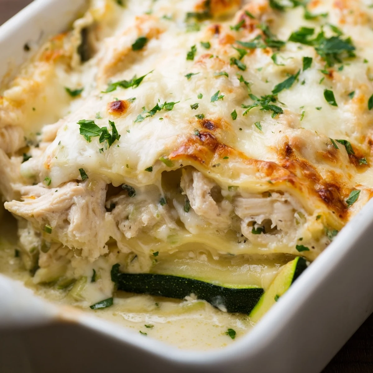 A close-up of Chicken Alfredo Zucchini Lasagna with melted mozzarella and parmesan on a rustic wooden serving board.