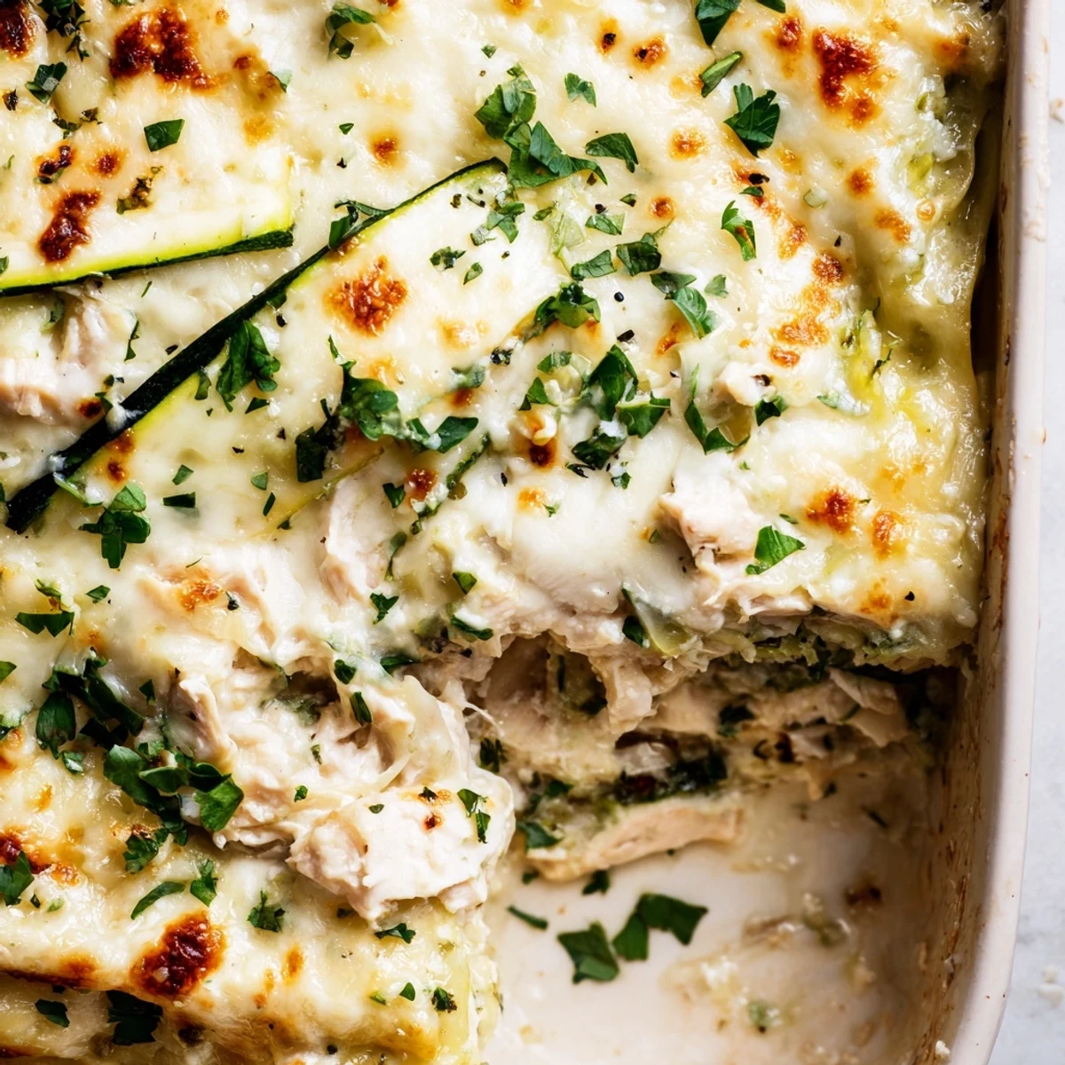 Steaming Chicken Alfredo Zucchini Lasagna with golden edges on a white plate, next to a glass of crisp white wine.