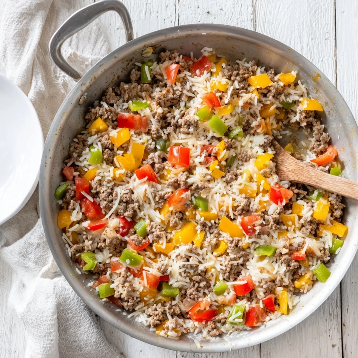 A close-up of Unstuffed Pepper Skillet bubbling with savory ground beef, colorful diced peppers, and melted cheese.