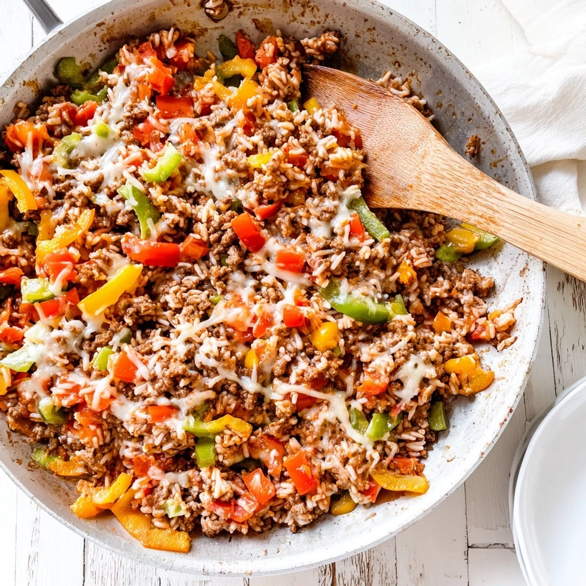 Overhead view of Unstuffed Pepper Skillet featuring tender rice, tomatoes, and garnish of fresh parsley in a skillet.