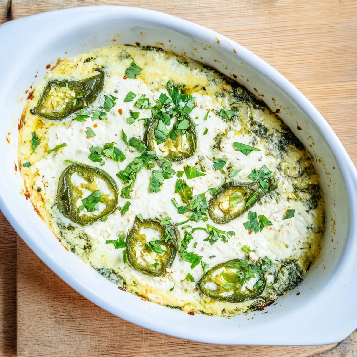 The baked spinach and pepperoncini feta dip sits golden and bubbly in a white dish, topped with fresh parsley and a lemon wedge.