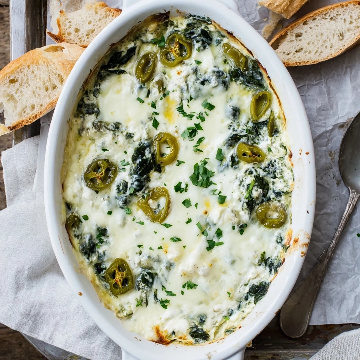 Spinach and pepperoncini baked feta dip is served warm alongside pita bread and crisp veggie sticks on a rustic wooden table.
