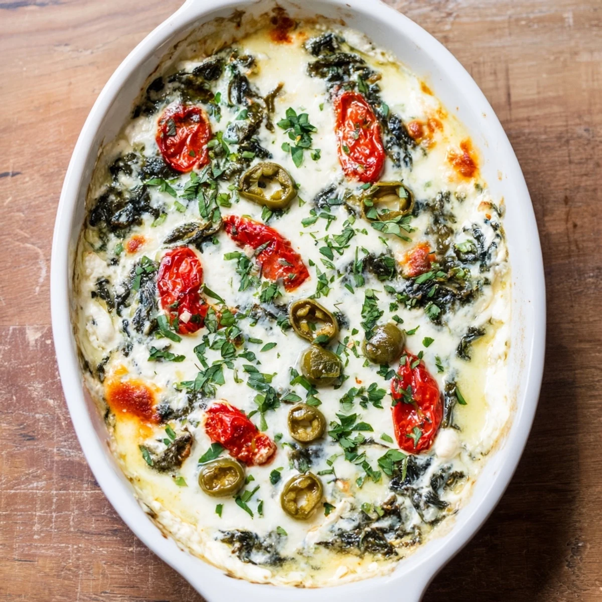 A close-up of creamy spinach and pepperoncini baked feta dip shows melted cheese and vibrant green herbs, ready for party snacking.