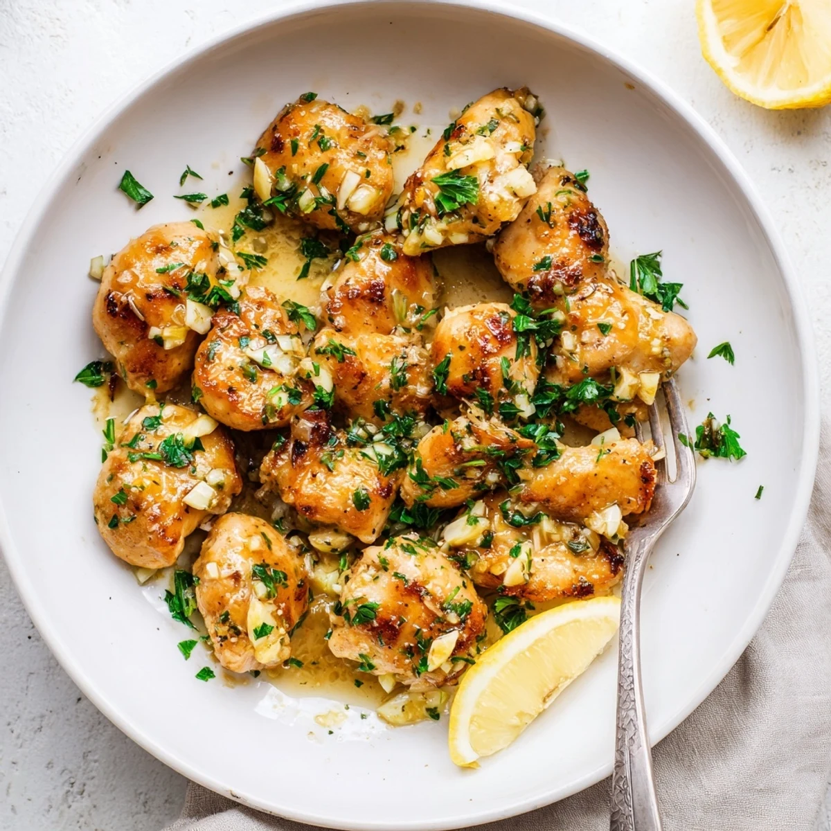 Sizzling Garlic Butter Chicken topped with fresh parsley and served with lemon wedges.