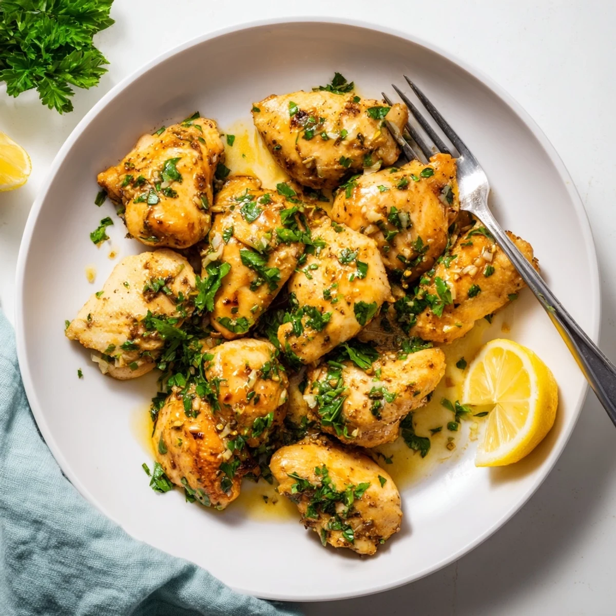 Juicy Garlic Butter Chicken plated over creamy mashed potatoes with a buttery herb sauce.