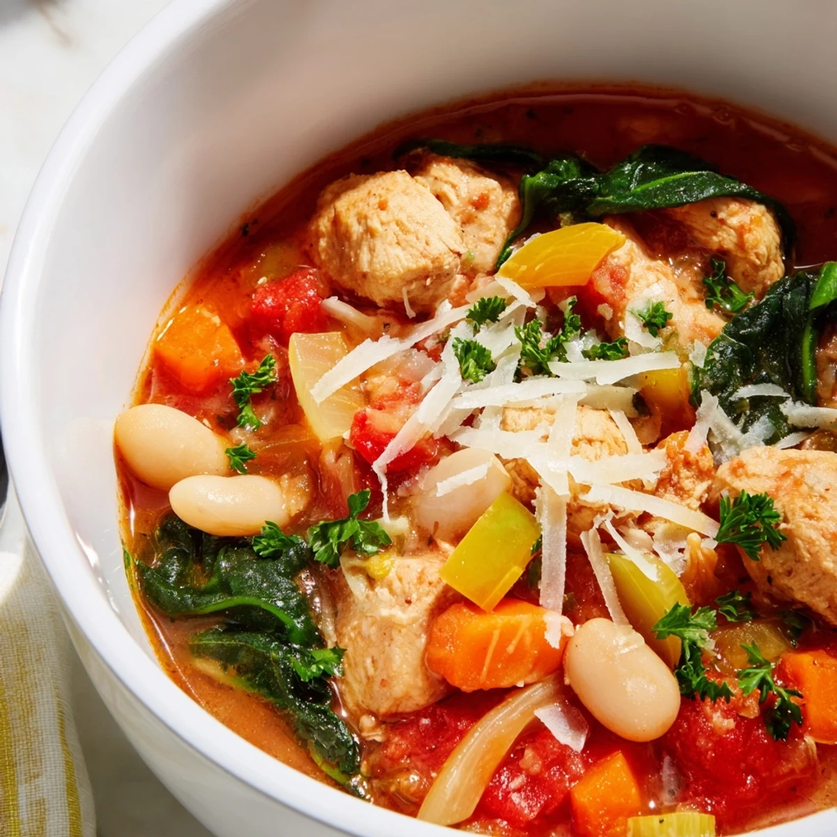 A hearty Tuscan Slow Cooker Chicken Stew served in a rustic bowl with crusty bread on the side.