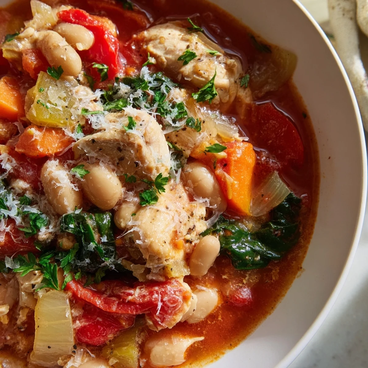 The rich Italian stew features tender chicken, creamy cannellini beans, and wilted spinach leaves in tomato broth.