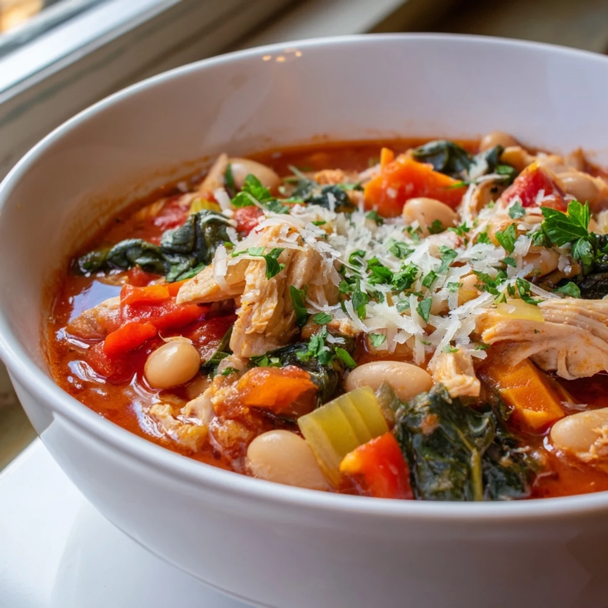 A close-up of the Tuscan Slow Cooker Chicken Stew with a garnish of fresh parsley and parmesan.