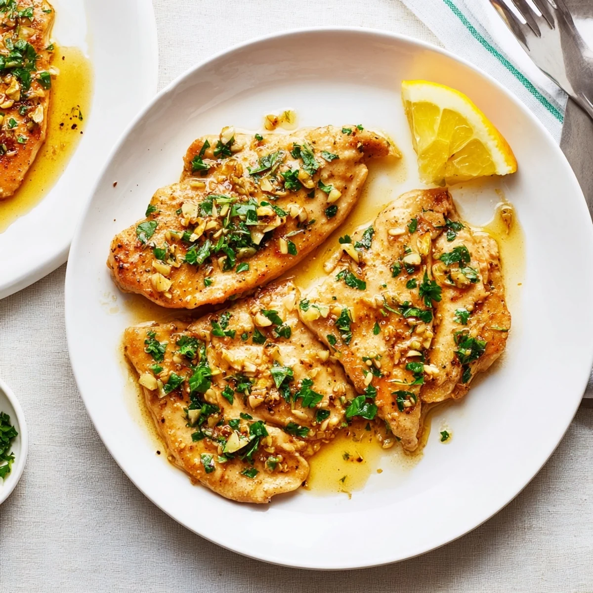 Golden-brown Garlic Butter Chicken breasts glistening in a rich garlic butter sauce, garnished with fresh parsley on a plate.