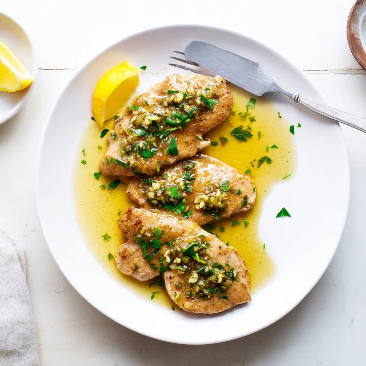 Juicy Garlic Butter Chicken served with lemon wedges and fresh herbs, ready to be enjoyed for a family dinner.