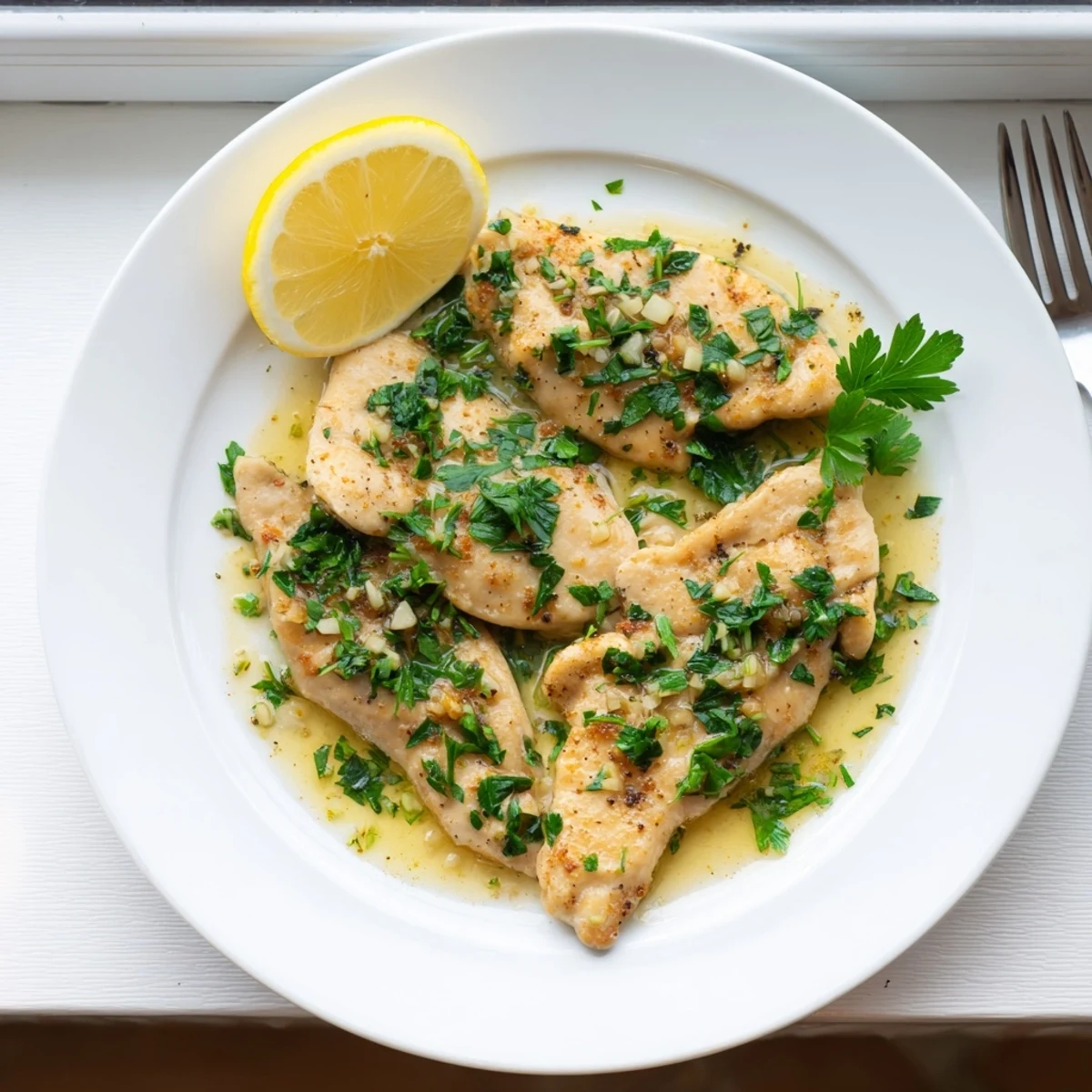 A close-up of tender Garlic Butter Chicken coated in a glossy garlic butter sauce with steam rising from the skillet.