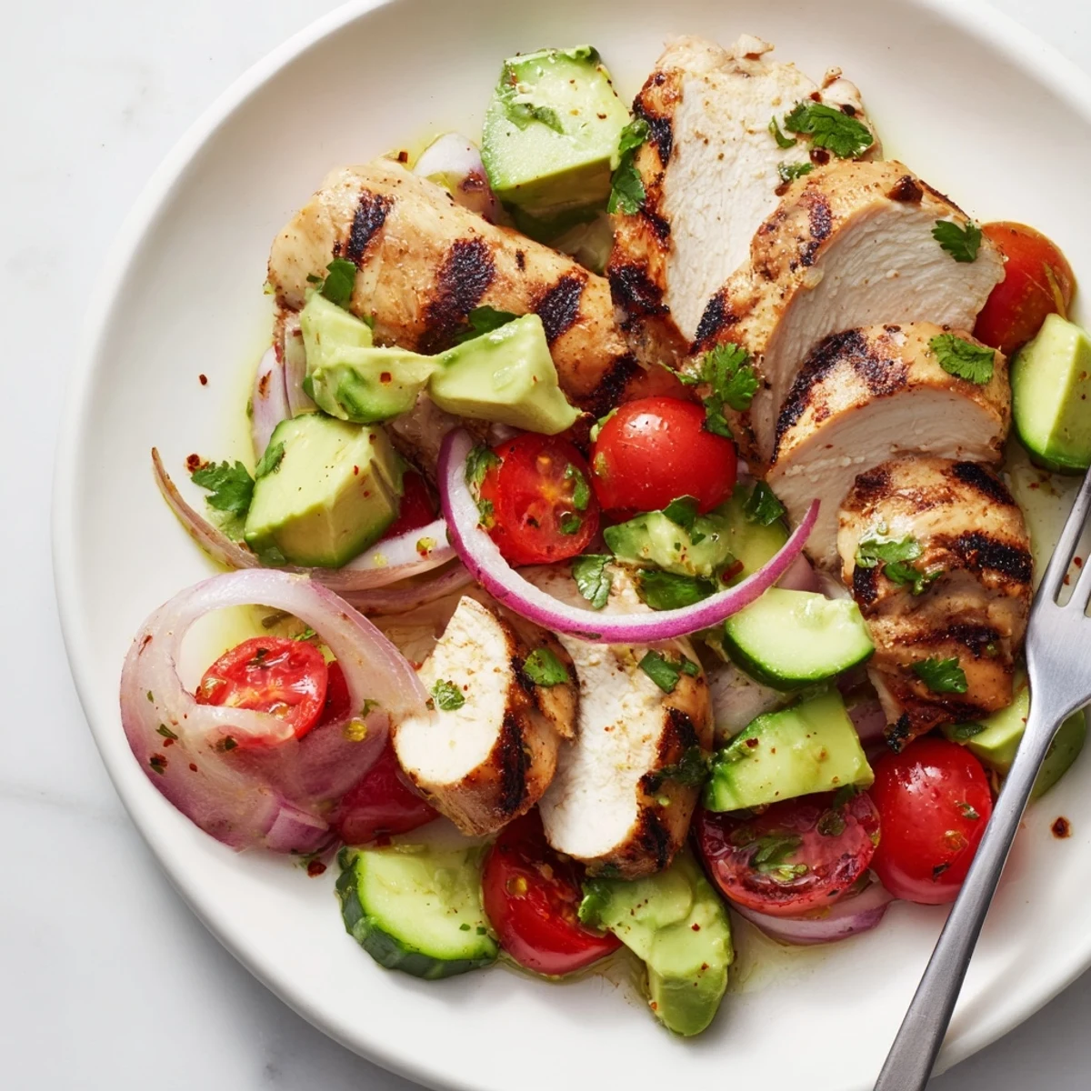 Colorful Avocado Chicken Salad arranged in a shallow bowl, featuring tender chicken, ripe avocado chunks, and vibrant vegetables for a light lunch.