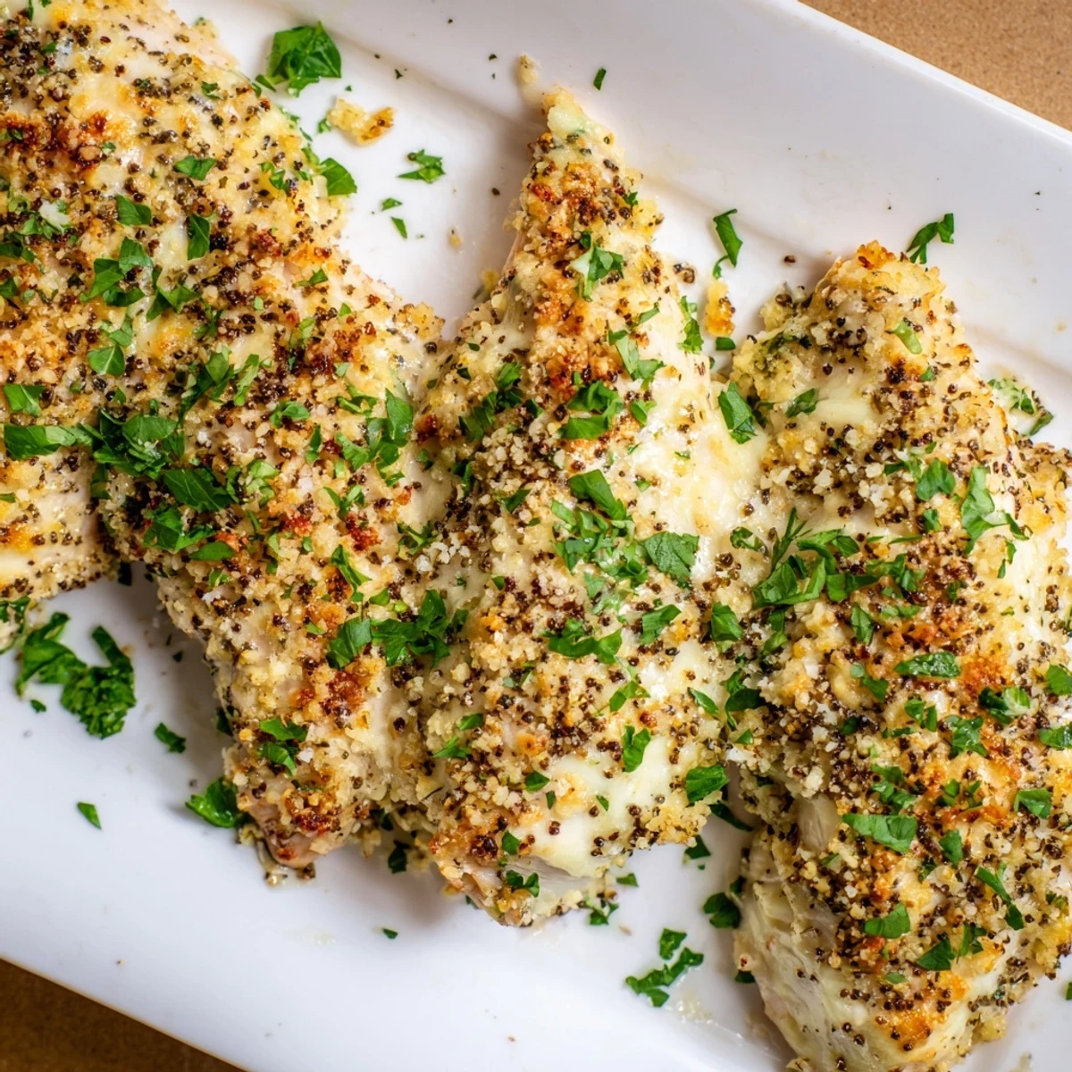 Golden brown Melt In Your Mouth Chicken with creamy parmesan topping in a baking dish.