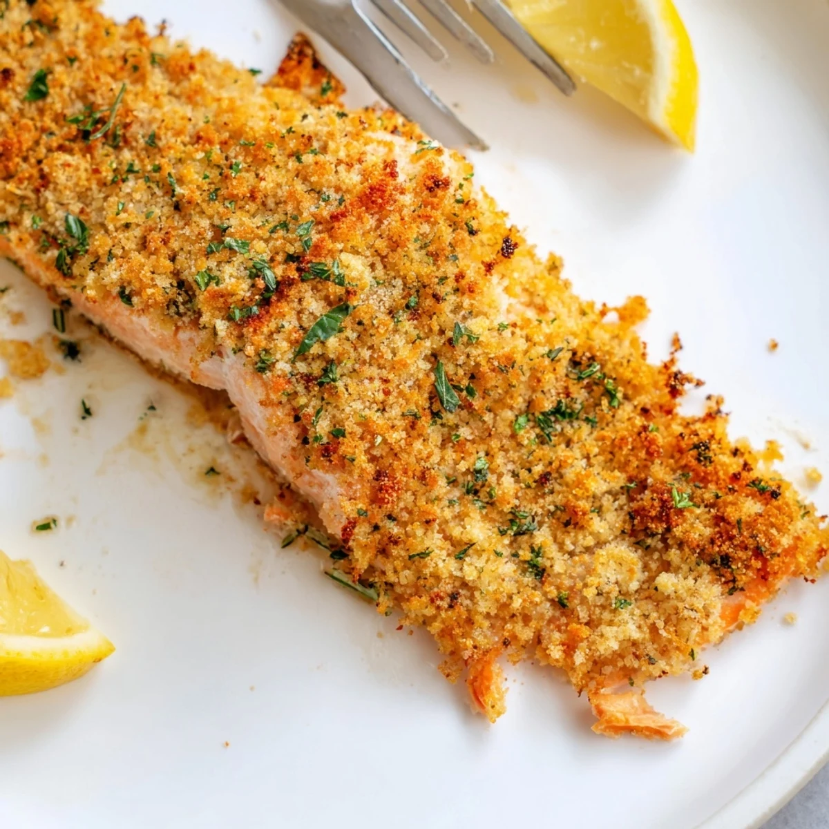 A close-up of golden, crumbly Parmesan salmon bake with lemon wedges on a rustic plate.