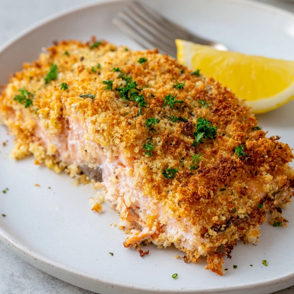 The Irresistibly Crispy Parmesan Salmon Bake showcases a crunchy herb topping on tender, flaky fish.