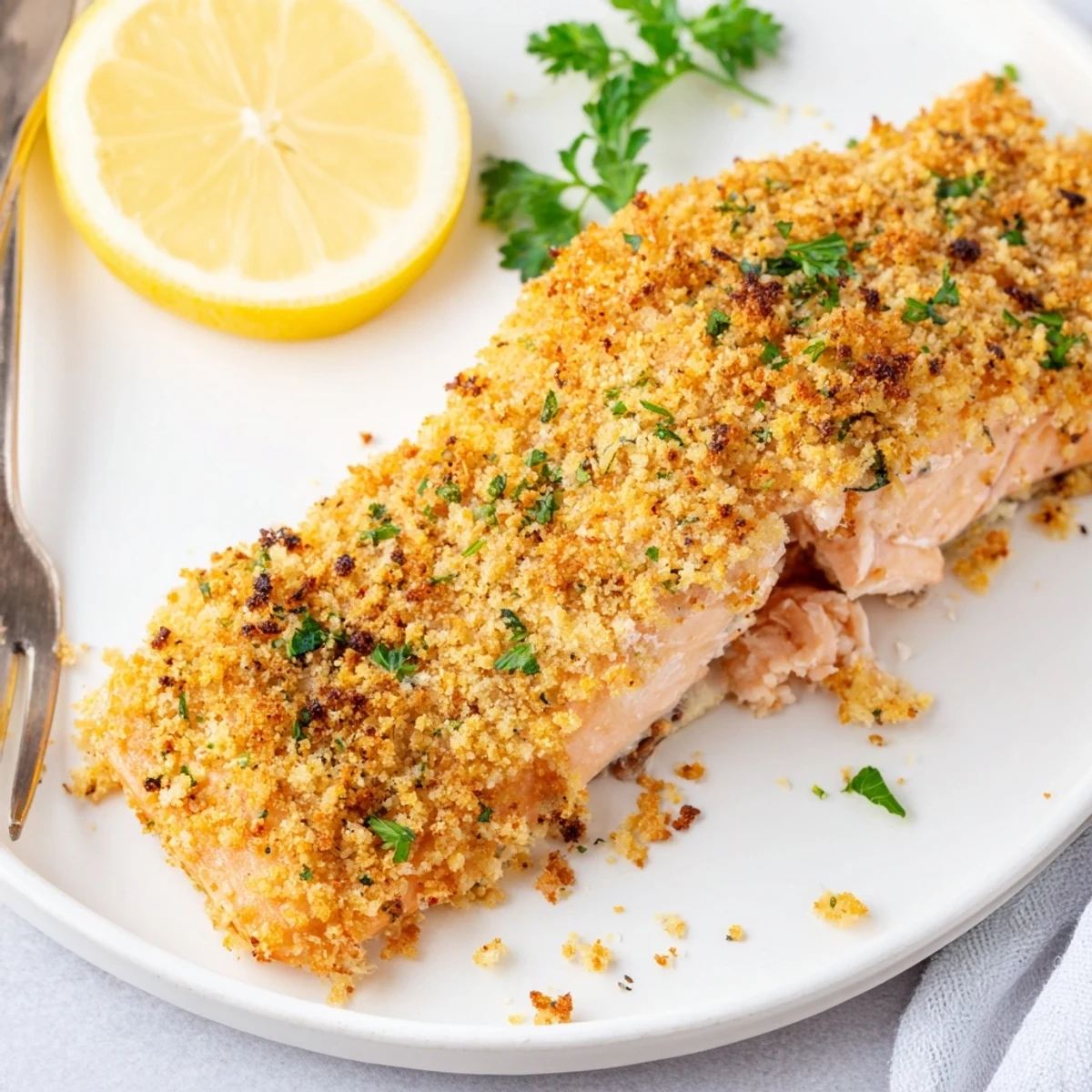 Baked Irresistibly Crispy Parmesan Salmon fillet on a sheet pan beside fresh parsley and lemon wedges.