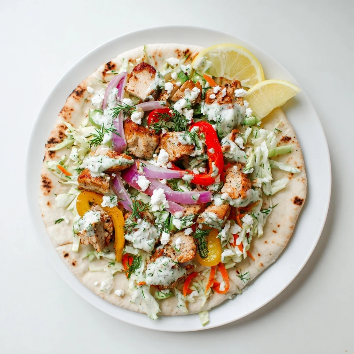 A close-up of Sheet Pan Chicken Pitas showing tender chicken, crisp vegetables, and fresh herb ranch slaw ready to eat.
