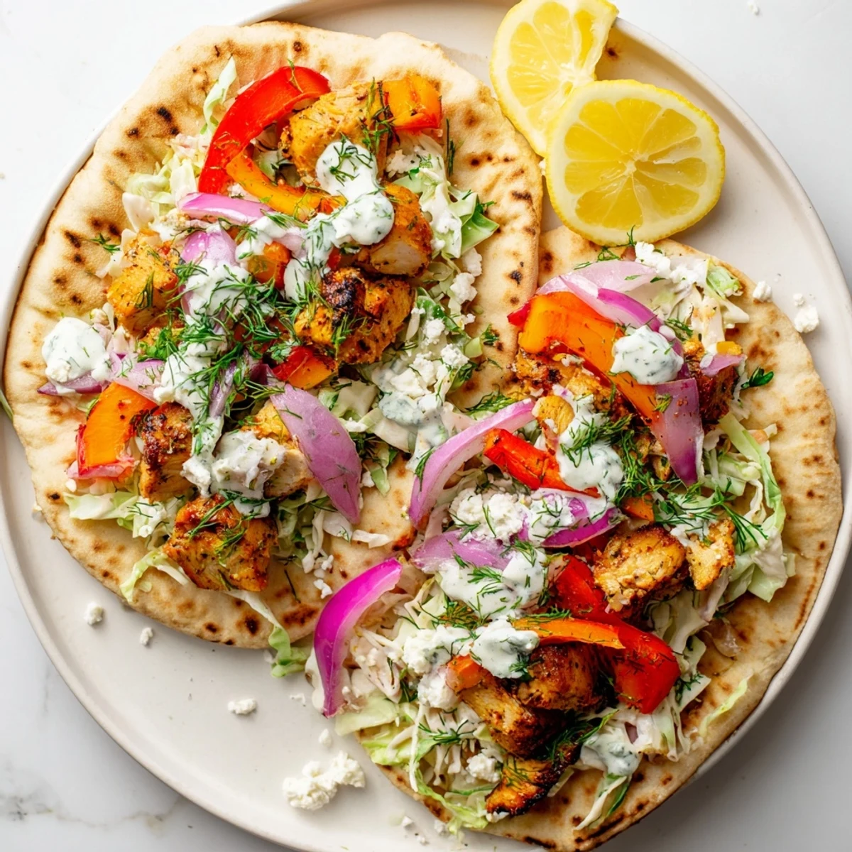 Warm pita bread stuffed with juicy roasted chicken and colorful peppers, topped with crunchy herb ranch slaw for Sheet Pan Chicken Pitas.