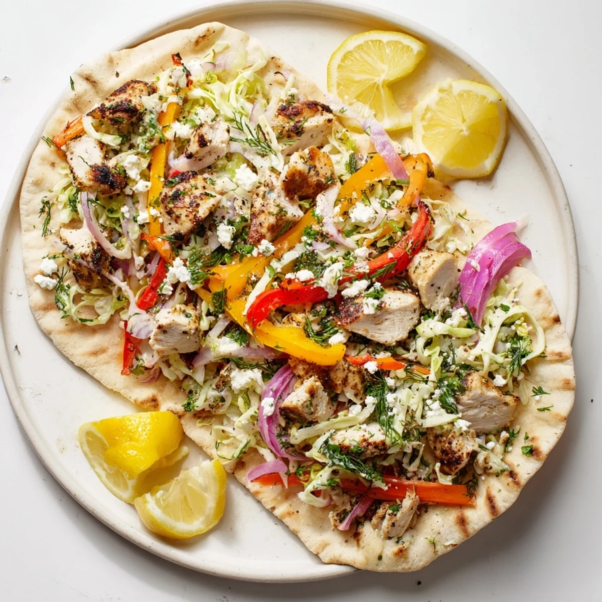 Freshly assembled Sheet Pan Chicken Pitas with creamy ranch slaw, feta cheese, and lemon wedges on a serving plate.