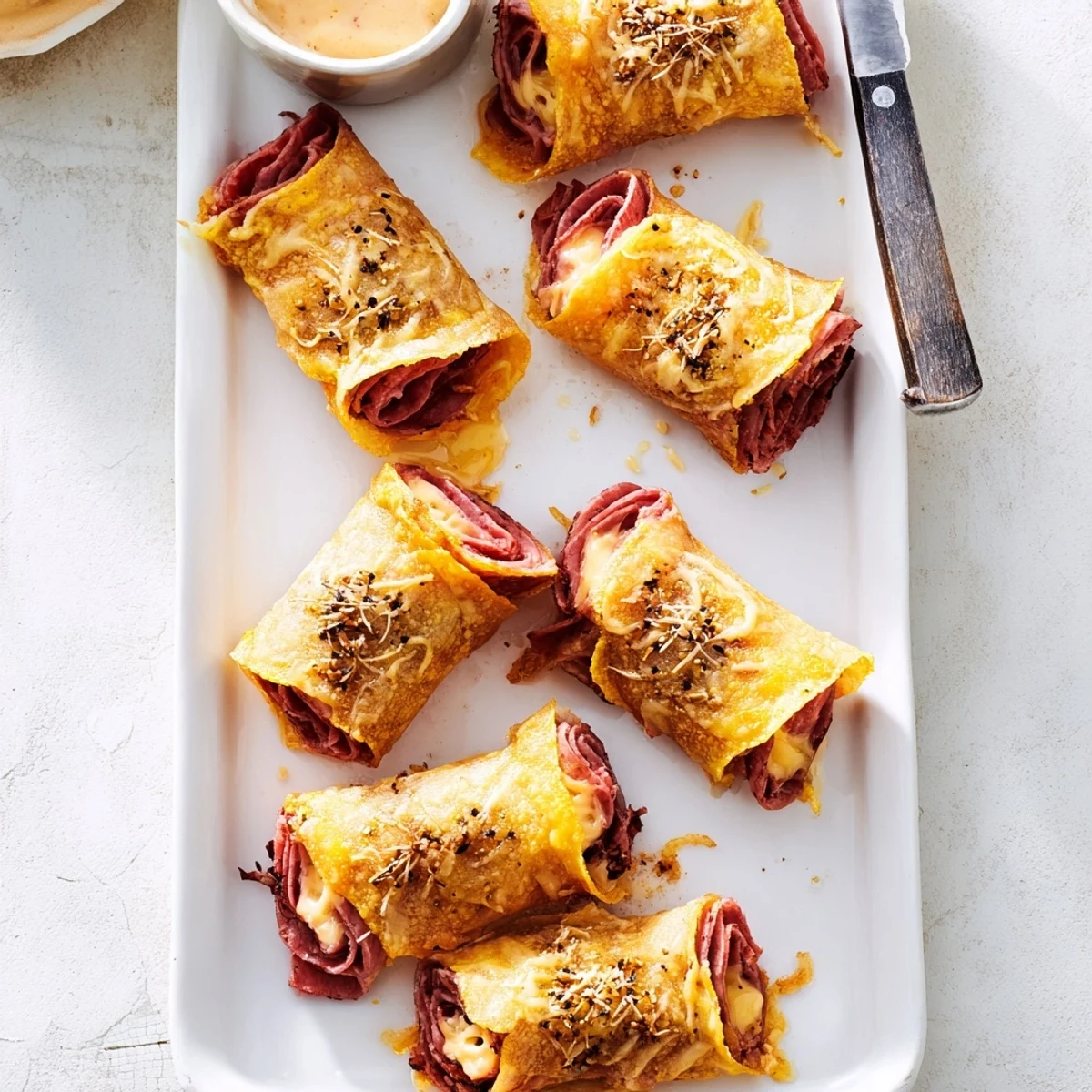 Golden brown Keto Crispy Reuben Roll Ups plated on a white dish with a small bowl of sugar-free dressing for dipping.