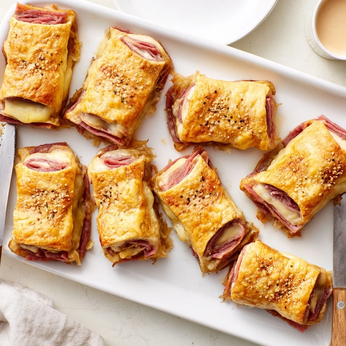 Crispy Keto Crispy Reuben Roll Ups baked golden with melty Swiss cheese, corned beef, and tangy sauerkraut on a baking sheet.