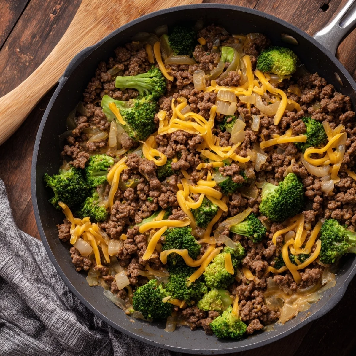 A close-up photo of the finished Keto Hamburger Broccoli Skillet shows juicy beef crumbles and steam rising.