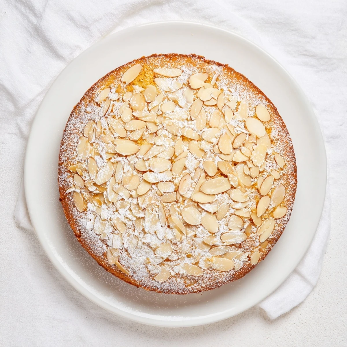 Freshly baked Almond Cake with a golden crust and sliced almonds, dusted with powdered sugar on a rustic plate.