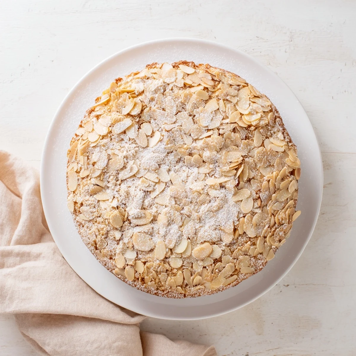 A moist Almond Cake slice served with fresh berries and whipped cream, showcasing tender crumbs and almond topping.