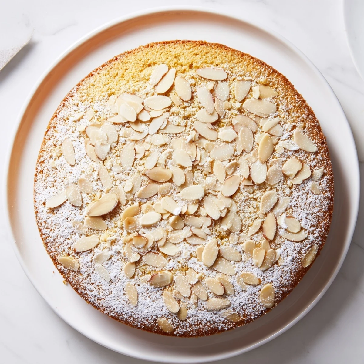 Golden-brown Almond Cake cooling on a wire rack, topped with toasted almonds and ready for afternoon tea time.