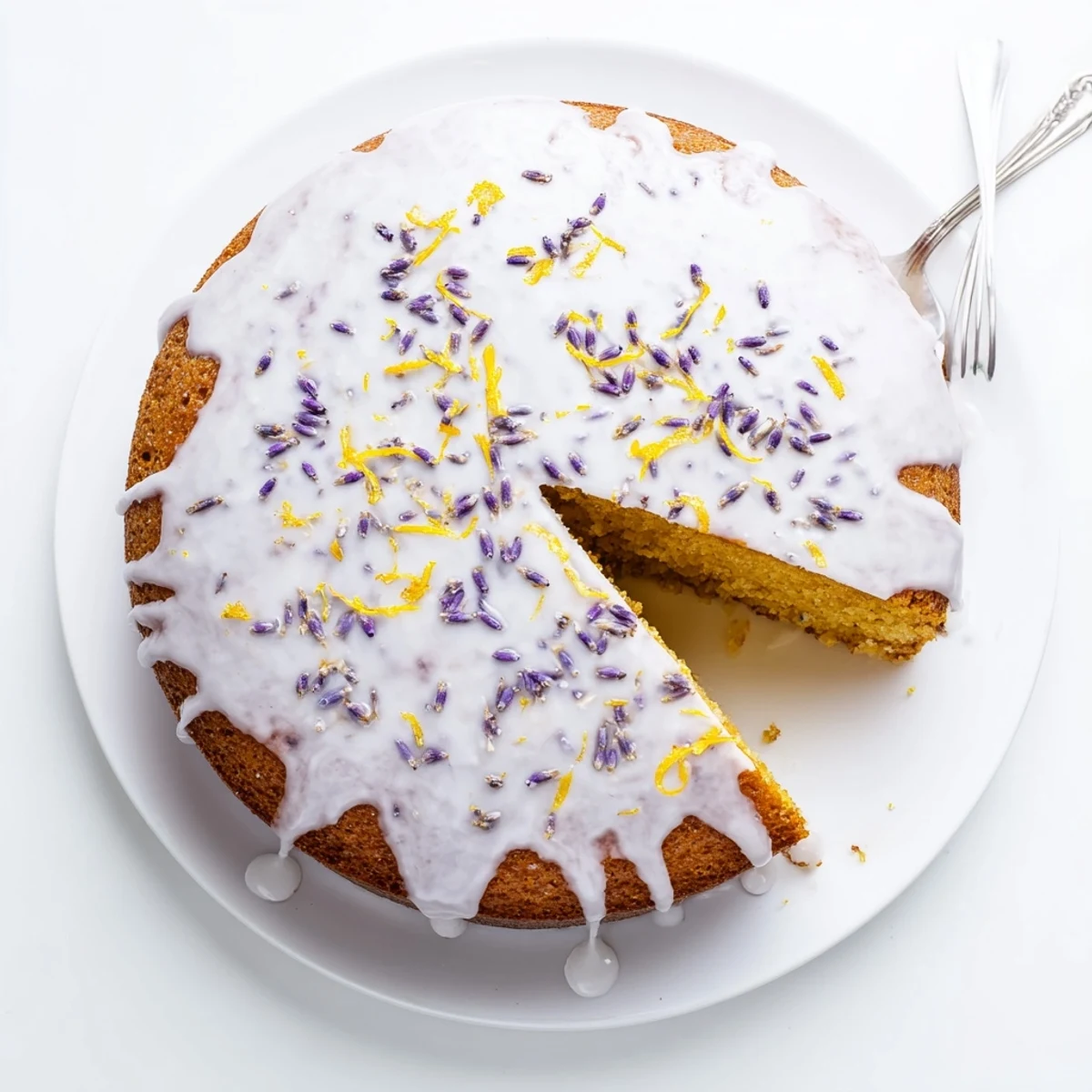 Golden slices of Lemon Lavender Cake showcase a tender crumb, with a lemon glaze dripping down the sides.