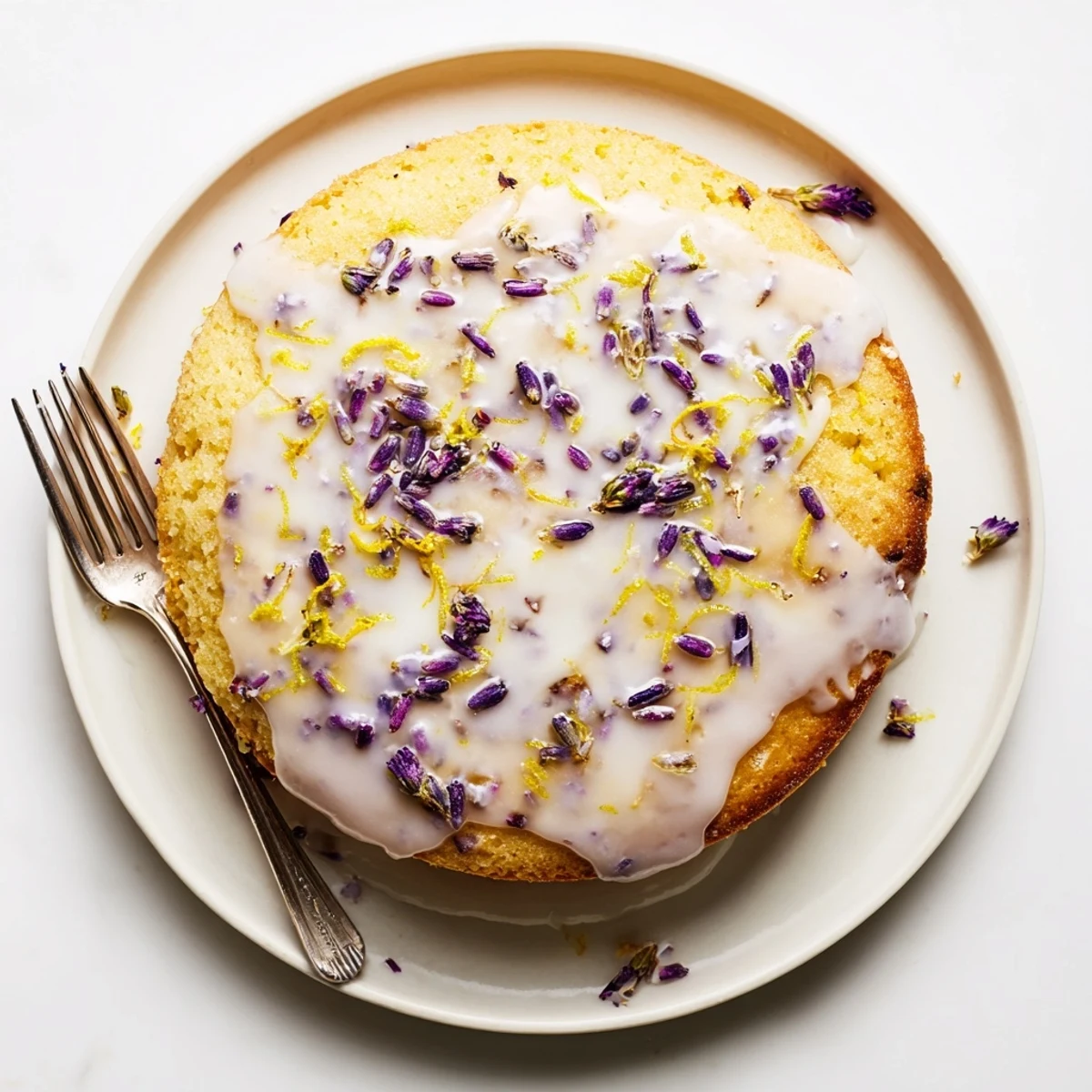 A whole Lemon Lavender Cake sits on a marble board, garnished with fresh lavender sprigs for serving.