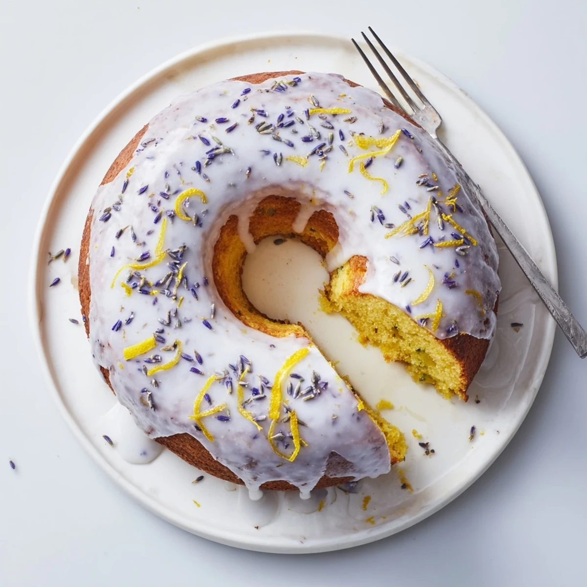 In a sunlit kitchen, a sliced Lemon Lavender Cake reveals a fluffy interior infused with fragrant floral notes.
