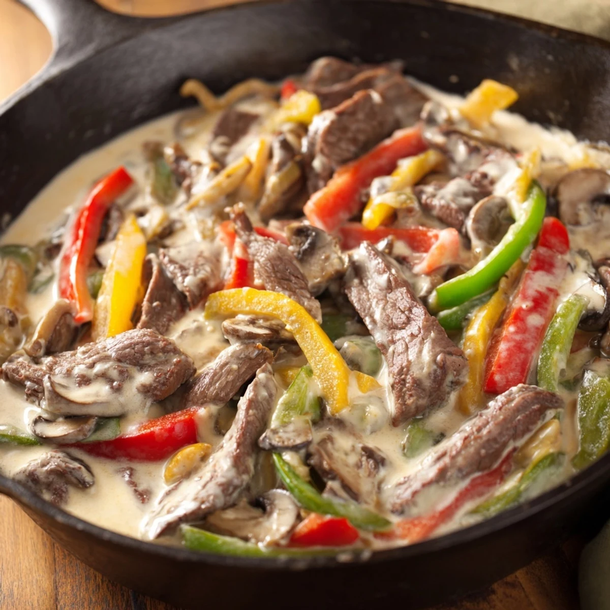 Creamy Keto Philly Cheesesteak Skillet served hot with melted cheese and sautéed peppers in a skillet.