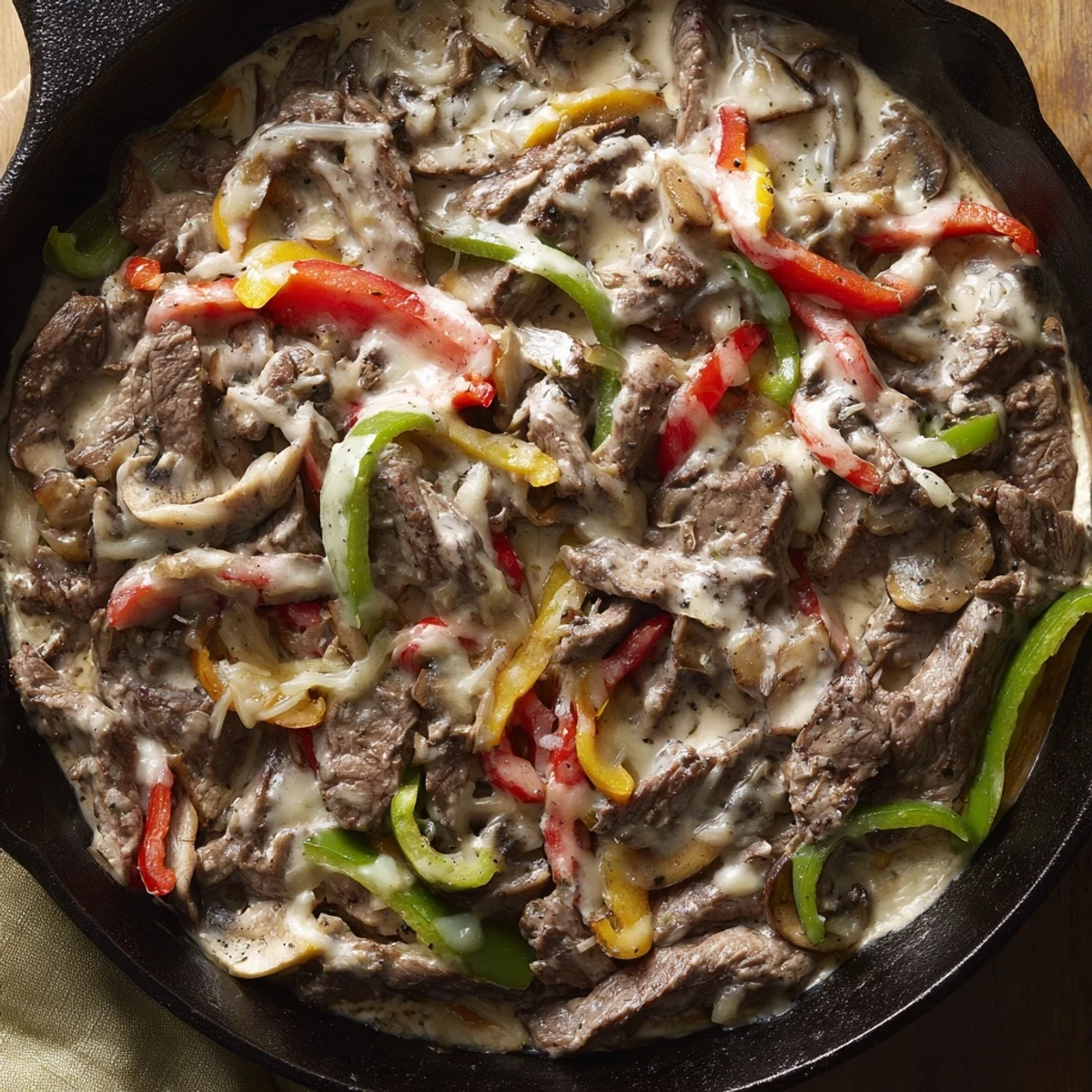 A close-up view of the Creamy Keto Philly Cheesesteak Skillet topped with melted provolone cheese.