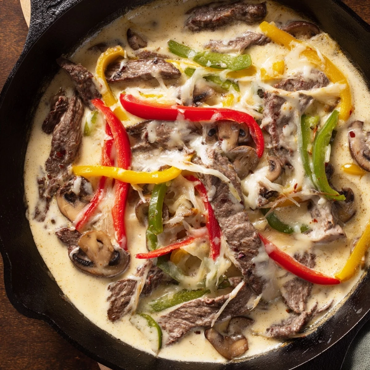 Sizzling low-carb Creamy Keto Philly Cheesesteak Skillet with beef, onions, and peppers ready to serve.