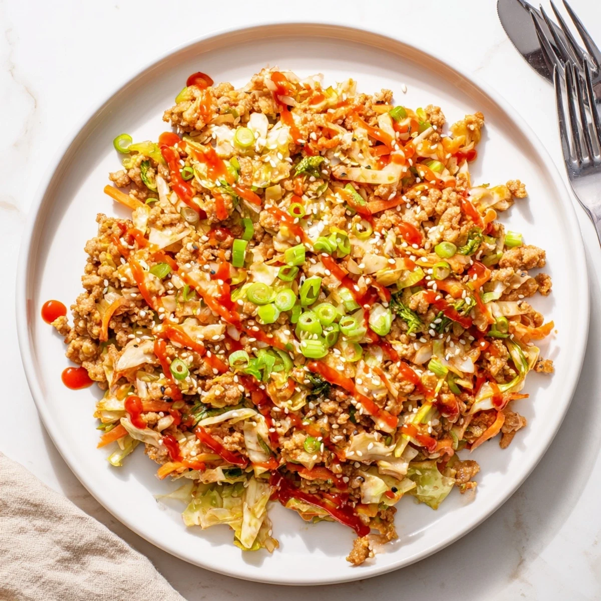 Skillet of Egg Roll In A Bowl with savory ground pork and crisp cabbage in a sesame ginger sauce.