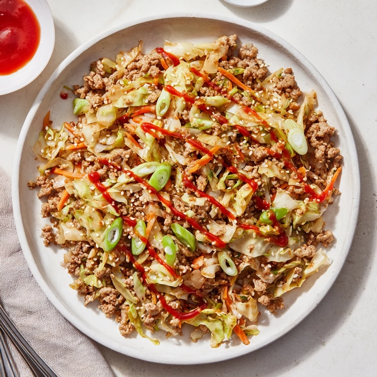 Close up view of low carb Egg Roll In A Bowl with tender pork and shredded carrots in a wok.