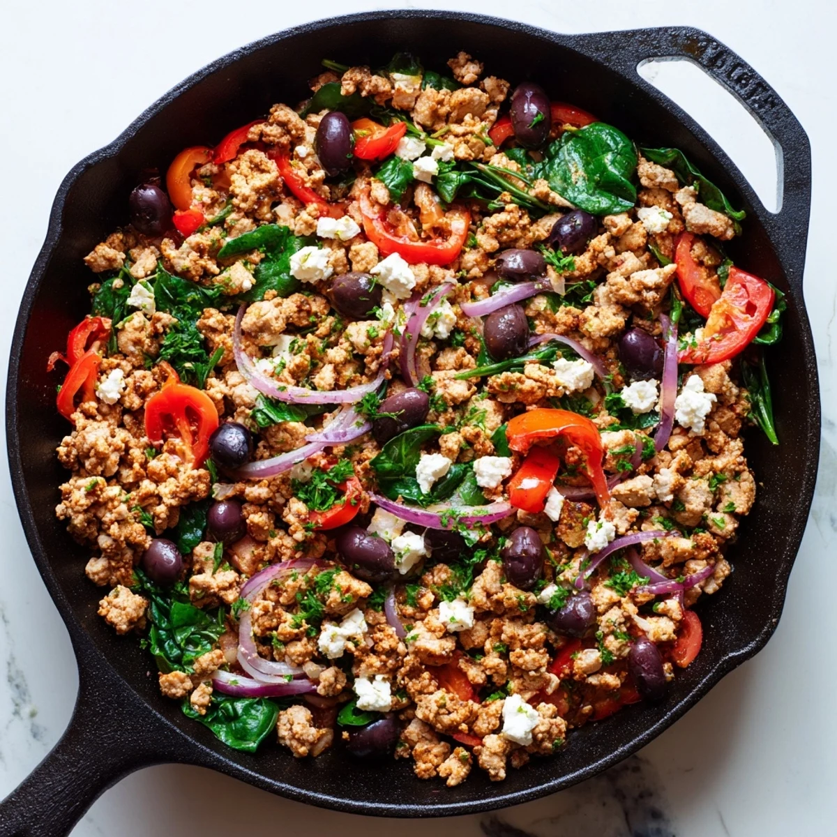 Golden ground chicken, green spinach, black olives, and creamy white feta cheese fill this skillet, perfect for a healthy weeknight dinner.