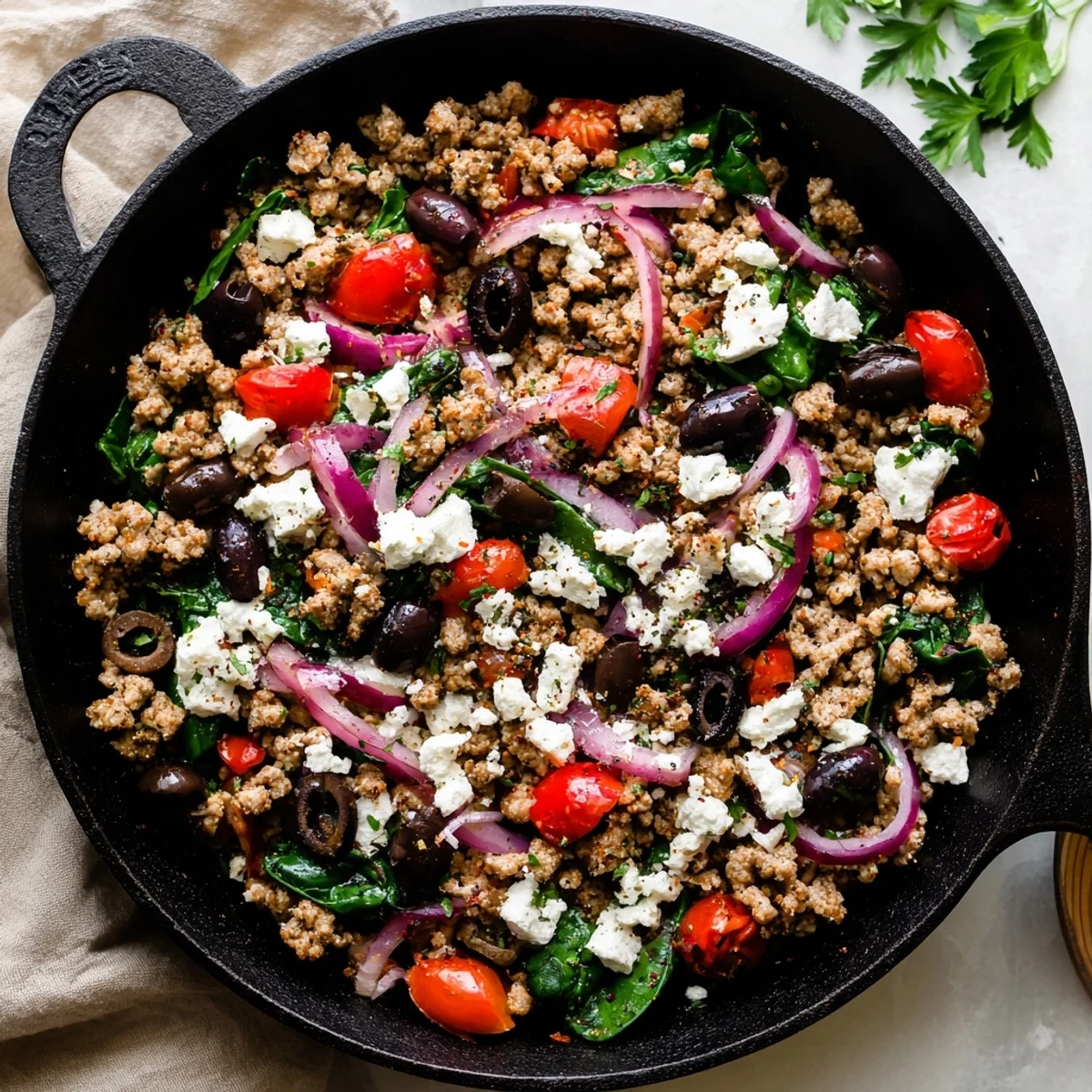 A close-up of the Mediterranean Keto Skillet with Ground Chicken, Olives & Feta showcasing vibrant red bell peppers and juicy tomatoes.