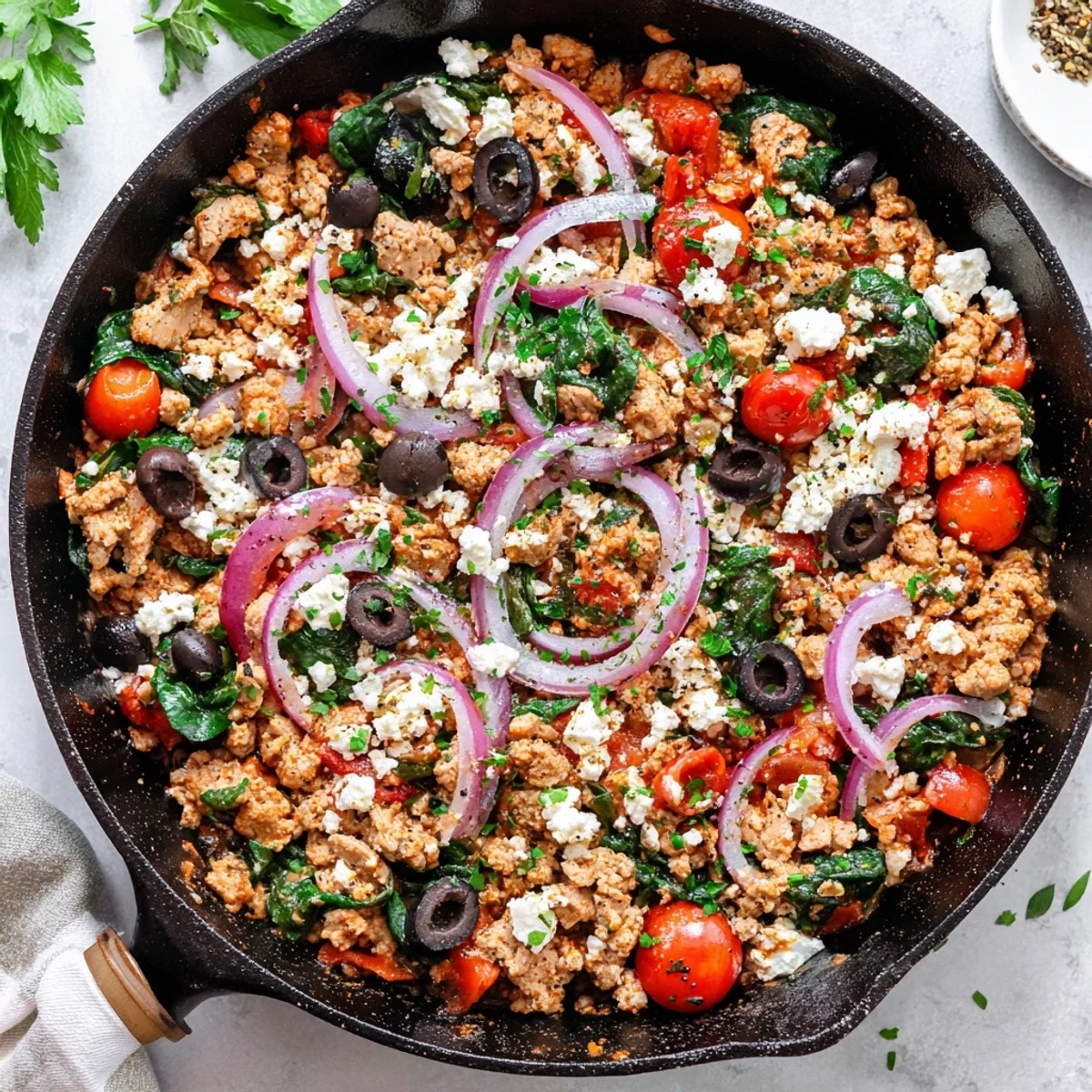 Sizzling Mediterranean Keto Skillet with Ground Chicken, Olives & Feta topped with fresh parsley and served alongside fluffy cauliflower rice.