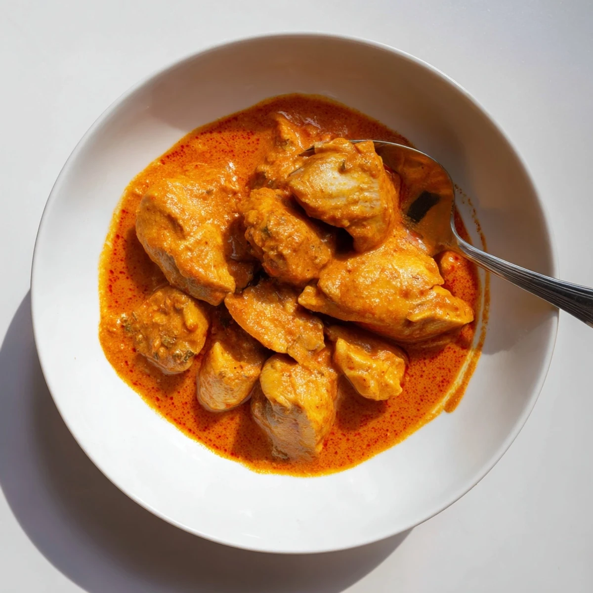 Tender chicken pieces in a creamy orange sauce, the 5 Ingredient Keto Butter Chicken, served steaming over fluffy cauliflower rice. 