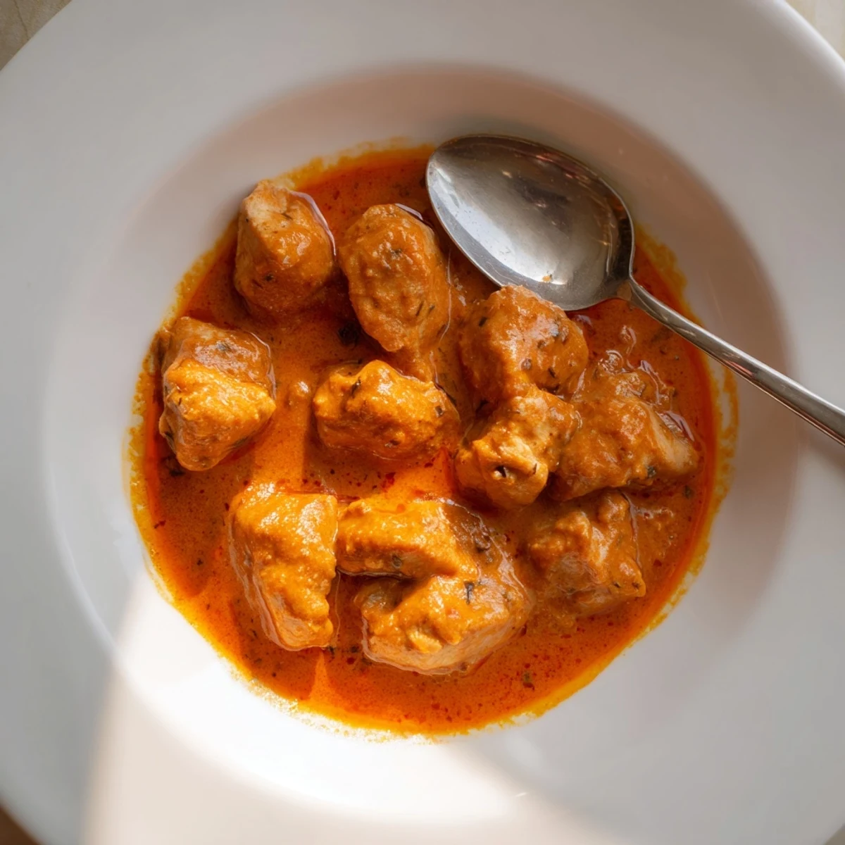 A close-up of the golden 5 Ingredient Keto Butter Chicken in a skillet, with melted butter and cream swirling into the rich sauce. 