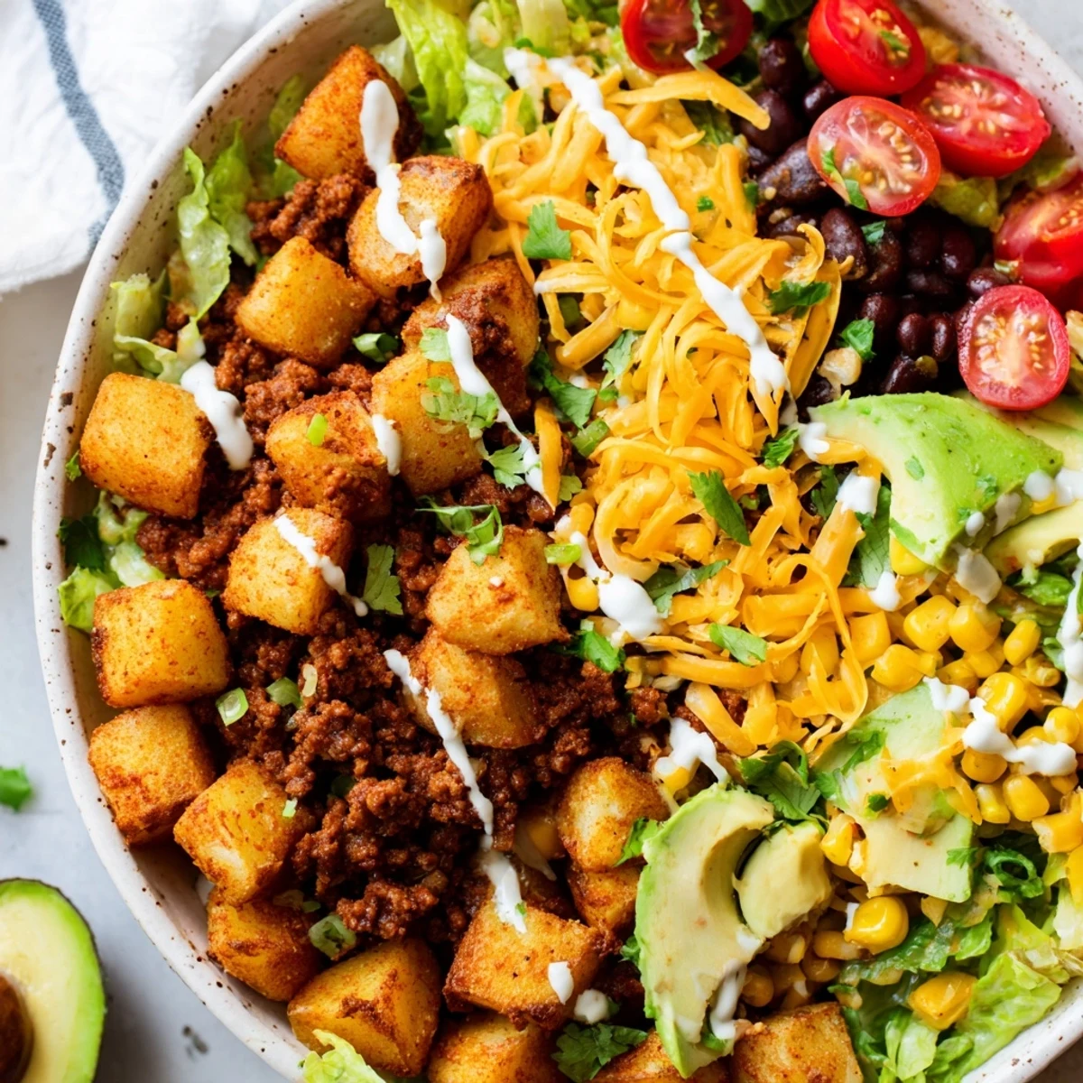Crispy roasted potatoes and seasoned taco beef in the Loaded Potato Taco Bowl, topped with cheese and avocado slices.