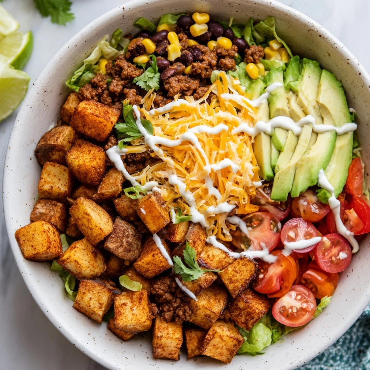 Loaded Potato Taco Bowl features golden potatoes, savory beef, and fresh toppings like lettuce and tomatoes, drizzled with zesty crema.