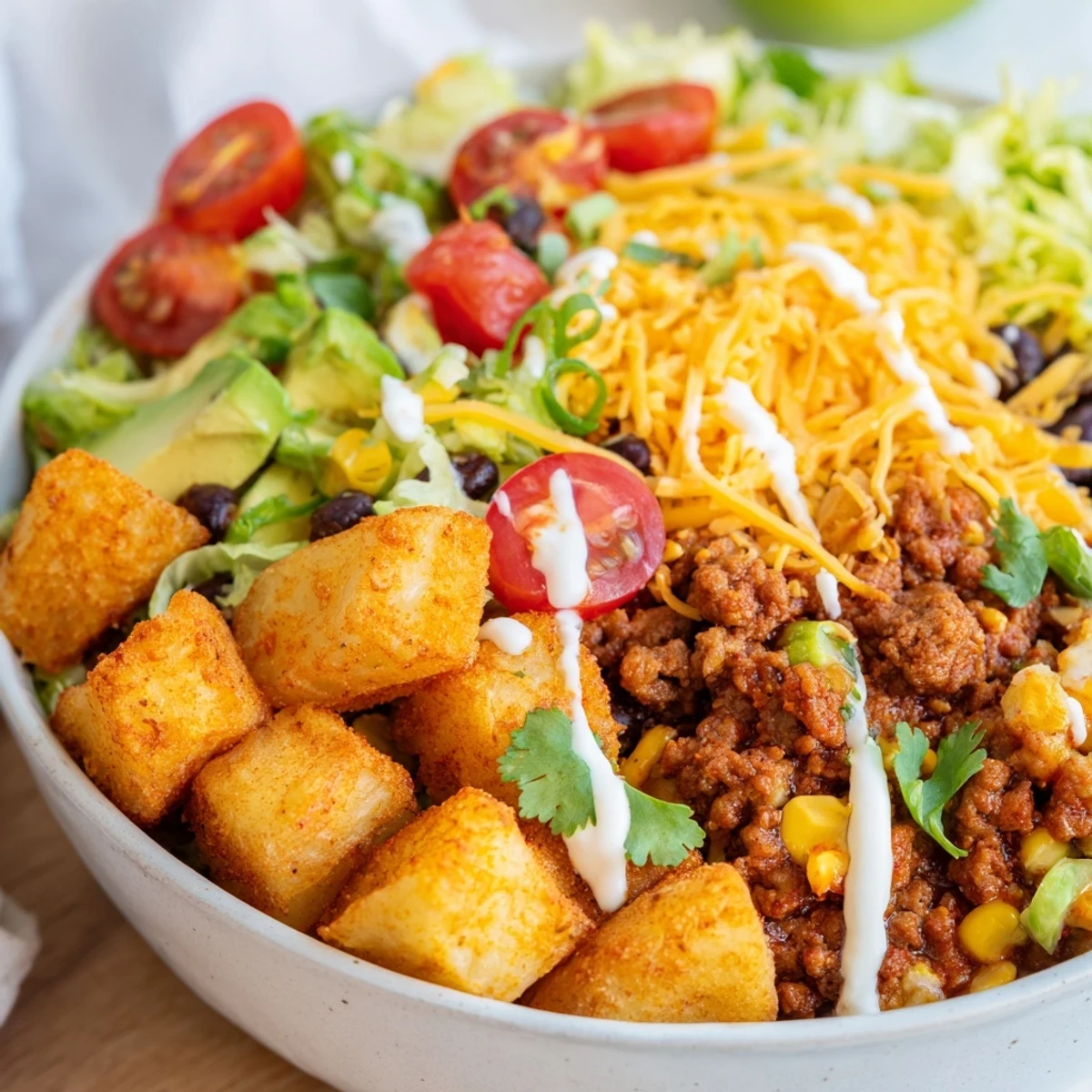 Serving suggestion for Loaded Potato Taco Bowl with black beans, corn, and cilantro, arranged in a colorful, appetizing bowl.