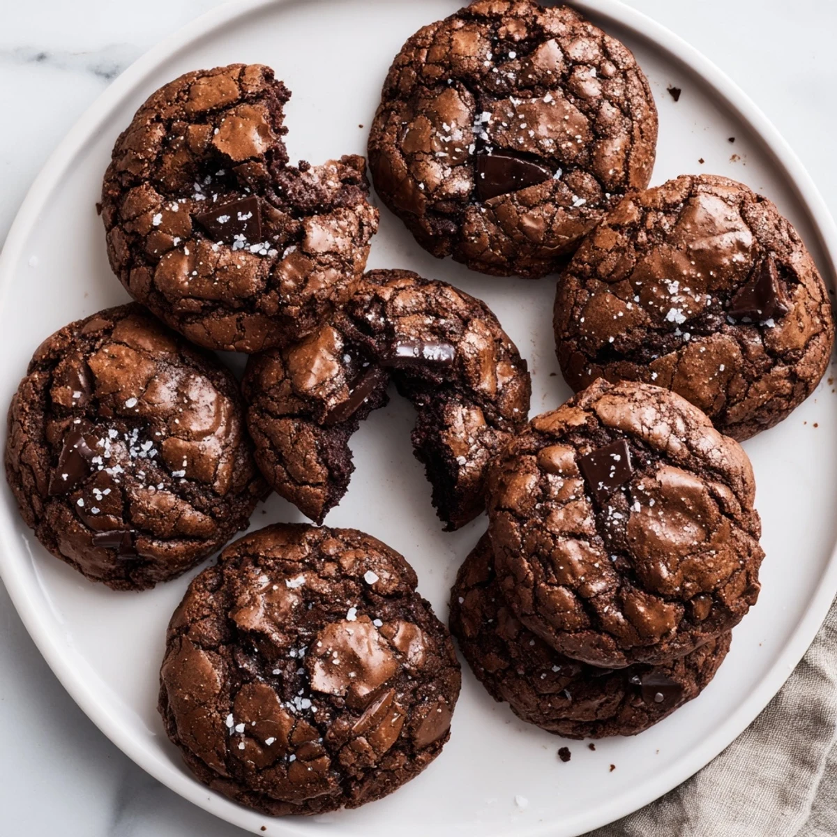 Close-up of Gourmet Brownie Cookies showing fudgy centers and crackly tops on a marble counter.
