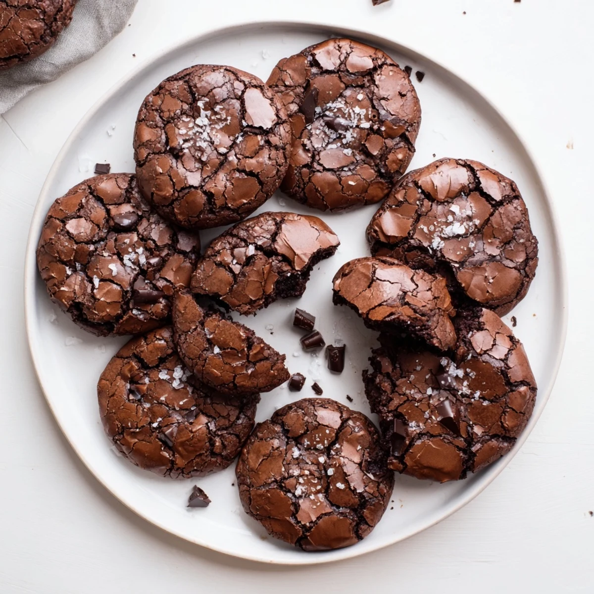 Stack of freshly baked Gourmet Brownie Cookies with chocolate chips and a rustic parchment background.