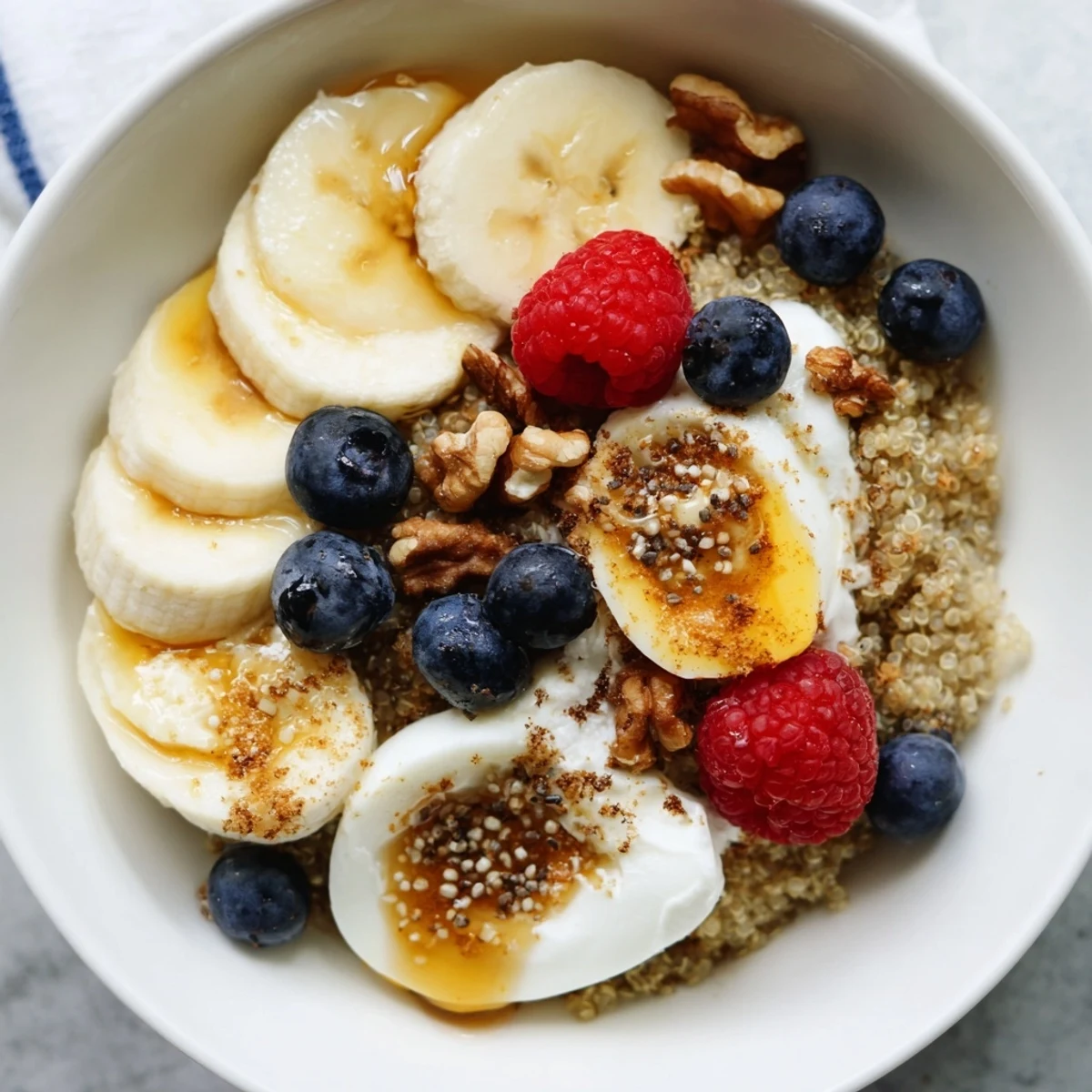 Fresh Dietitians Balanced Breakfast Bowl with creamy Greek yogurt, sliced bananas, and vibrant mixed berries topped with crunchy almonds.  