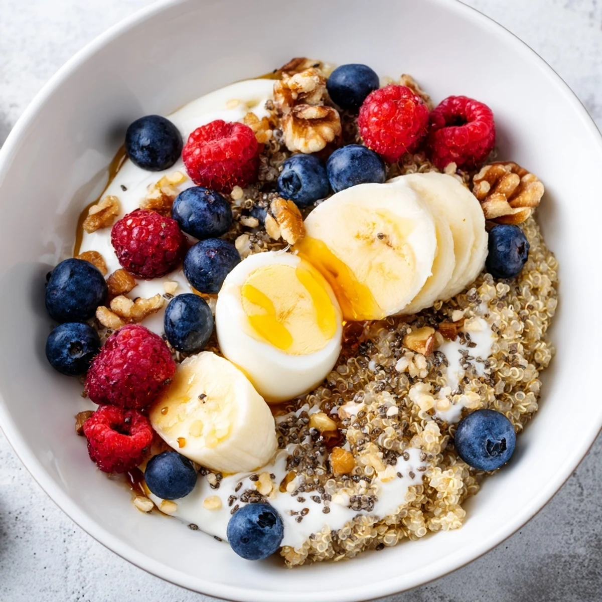 Soft-boiled eggs and a drizzle of honey complement the quinoa base in this colorful, nutrient-rich morning meal.  